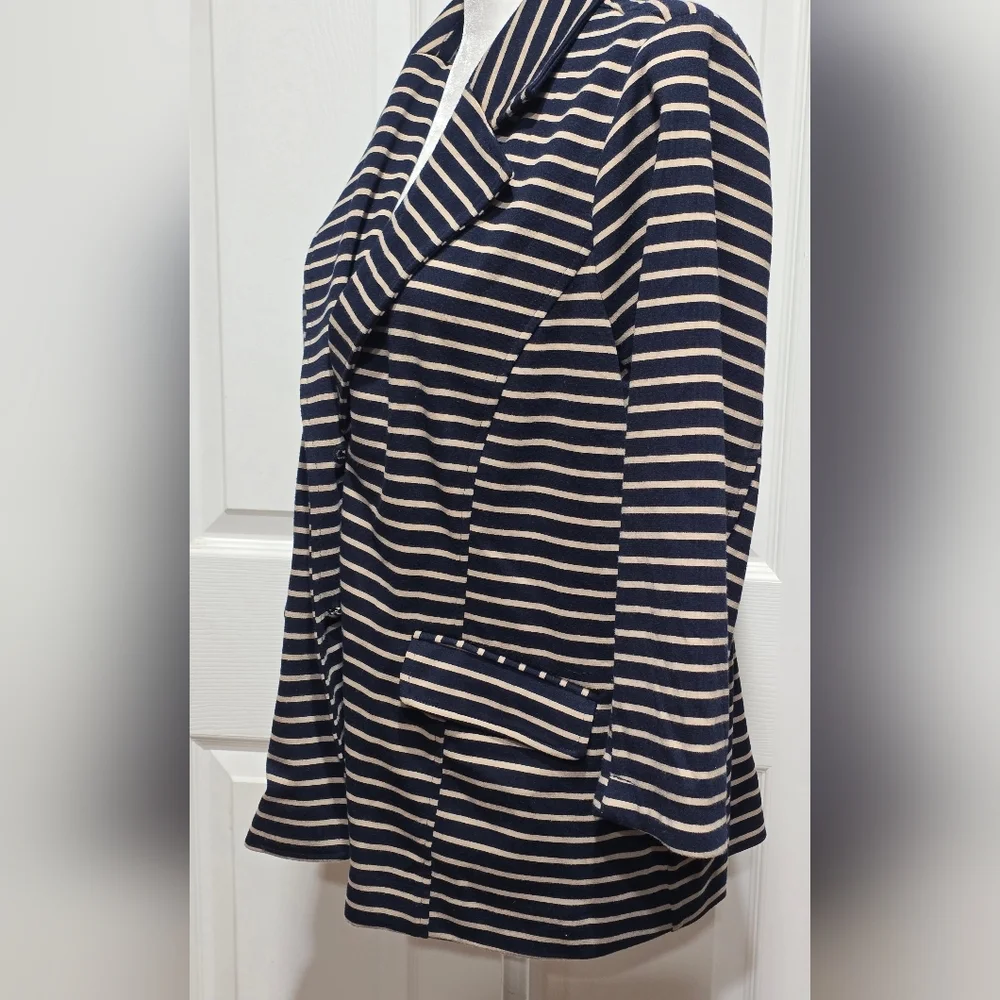 Joan Rivers Tan & Navy Blue Striped Ponte Knit Blazer Jacket - Picture 4 of 10